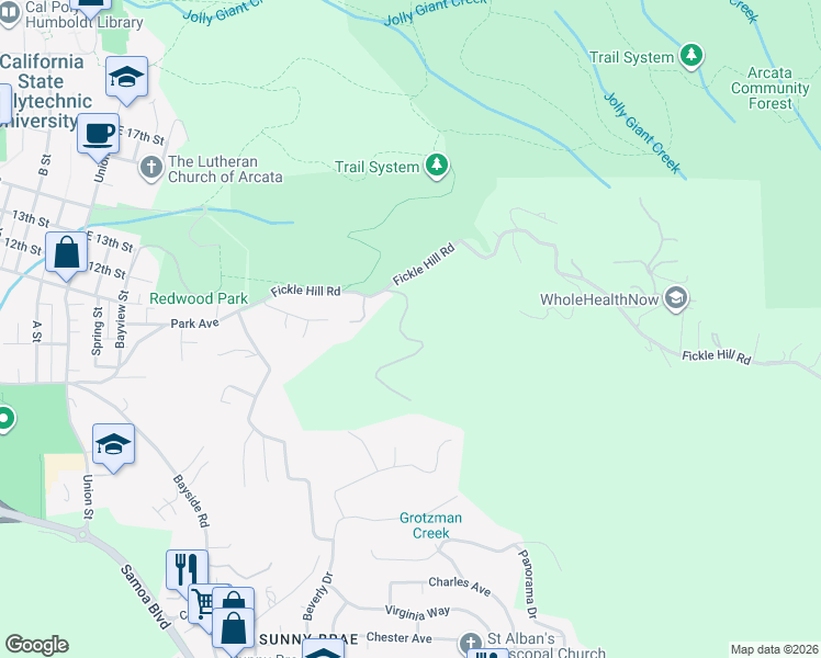 map of restaurants, bars, coffee shops, grocery stores, and more near 701-1299 Fernwood Drive in Arcata