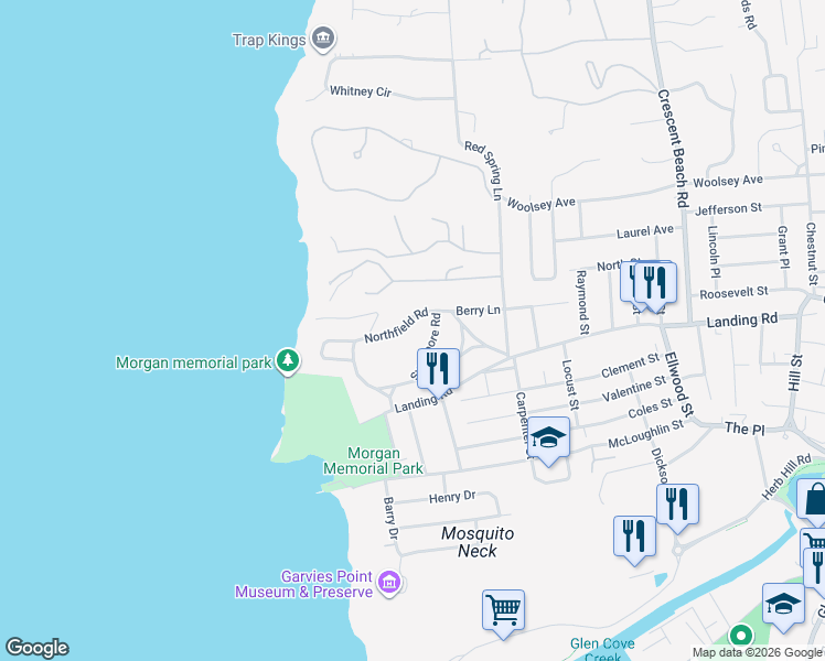 map of restaurants, bars, coffee shops, grocery stores, and more near 6 Sycamore Road in Glen Cove