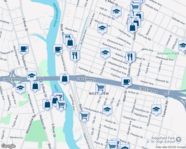 map of restaurants, bars, coffee shops, grocery stores, and more near 132 Fairview Avenue in Bogota