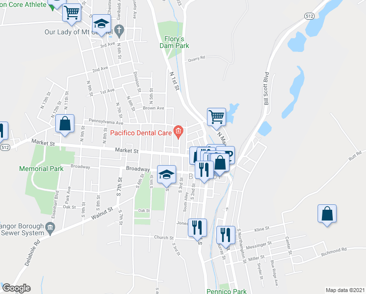 map of restaurants, bars, coffee shops, grocery stores, and more near 31 North 3rd Street in Bangor