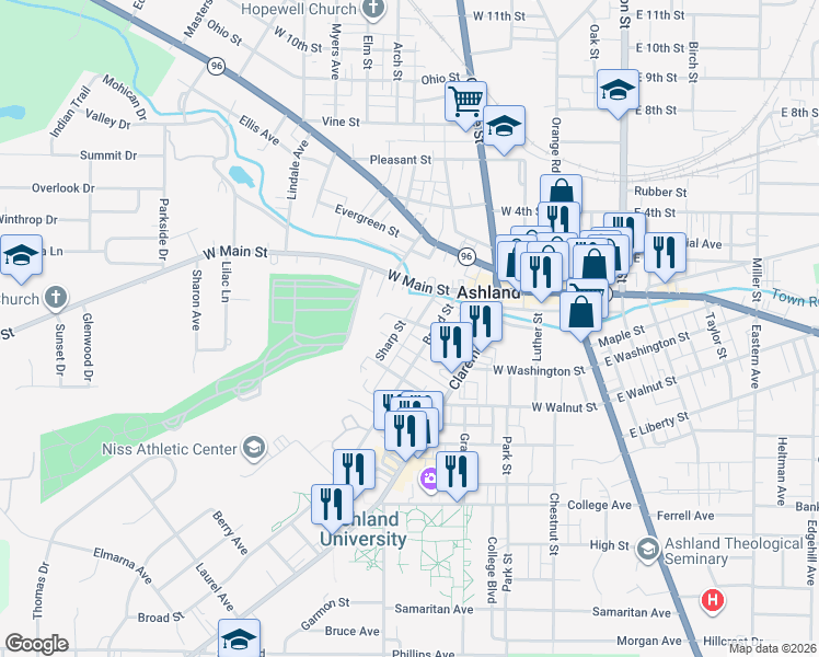 map of restaurants, bars, coffee shops, grocery stores, and more near 311 Sharp Street in Ashland