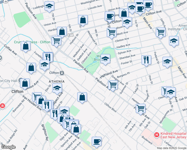 map of restaurants, bars, coffee shops, grocery stores, and more near 728 Paulison Avenue in Clifton