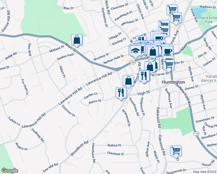 map of restaurants, bars, coffee shops, grocery stores, and more near 31 Highland Court in Huntington