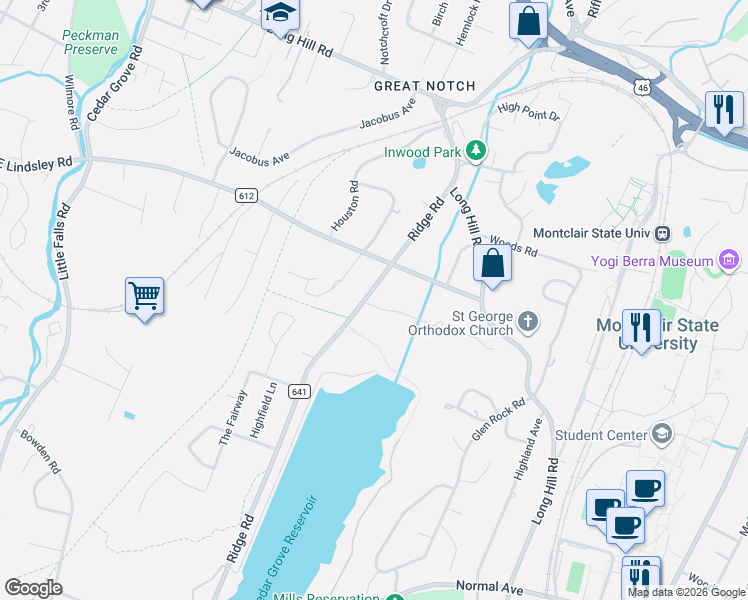 map of restaurants, bars, coffee shops, grocery stores, and more near 61 Ridge Road in Little Falls