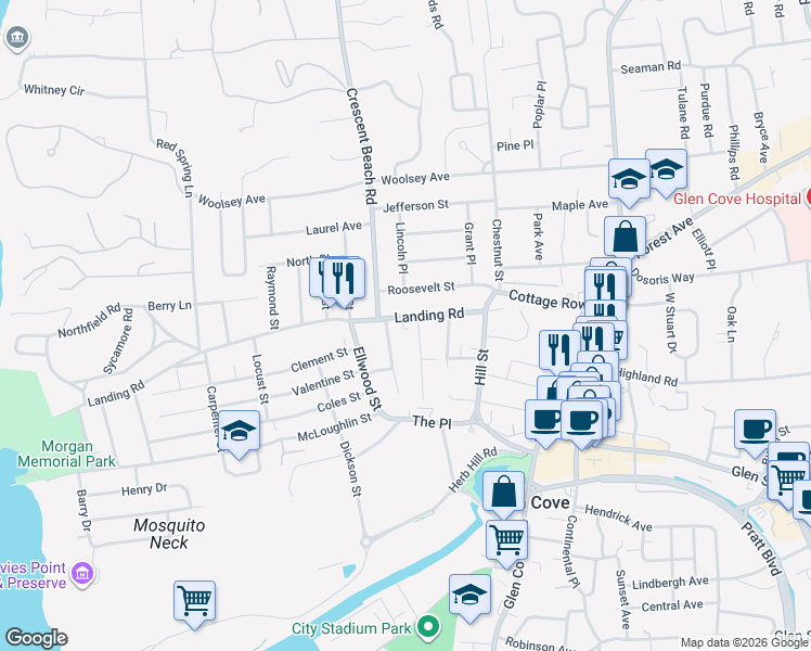 map of restaurants, bars, coffee shops, grocery stores, and more near 9 Rose Avenue in Glen Cove