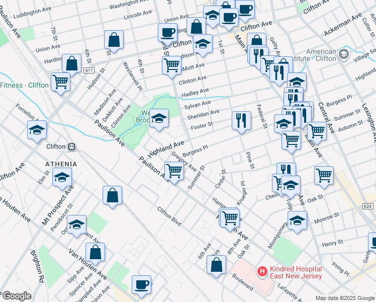 map of restaurants, bars, coffee shops, grocery stores, and more near 310 Burgess Place in Clifton
