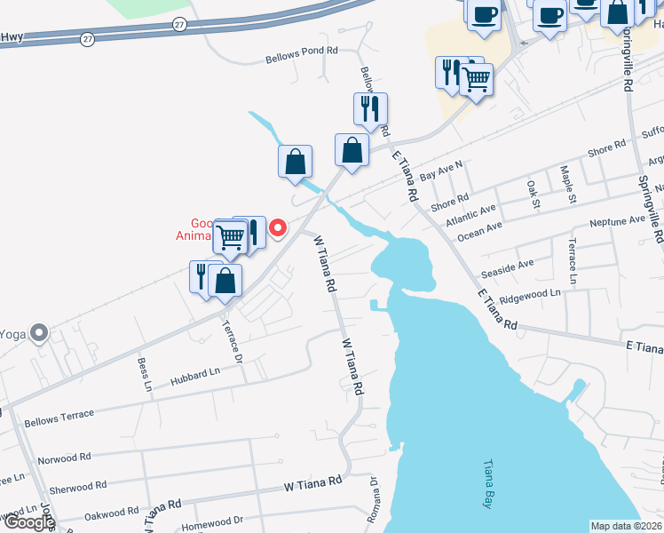 map of restaurants, bars, coffee shops, grocery stores, and more near 33 West Tiana Road in Hampton Bays