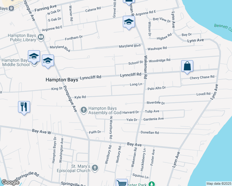map of restaurants, bars, coffee shops, grocery stores, and more near 41 Kyle Road in Hampton Bays