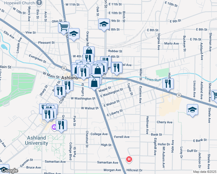 map of restaurants, bars, coffee shops, grocery stores, and more near 128 Maple Street in Ashland