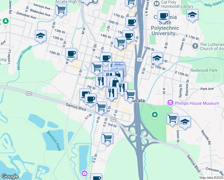 map of restaurants, bars, coffee shops, grocery stores, and more near 791 G Street in Arcata