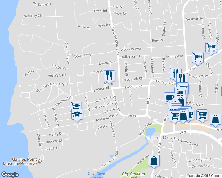 map of restaurants, bars, coffee shops, grocery stores, and more near 55 Landing Road in Glen Cove