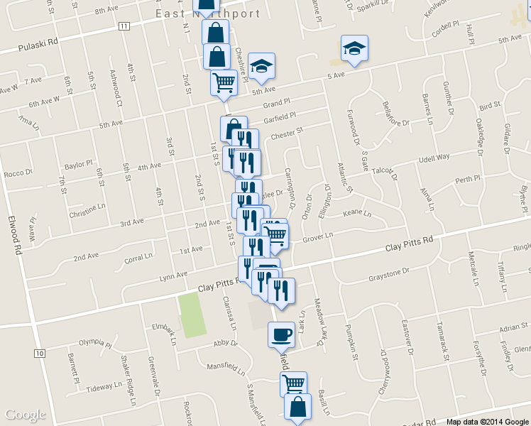 map of restaurants, bars, coffee shops, grocery stores, and more near 14 Grover Lane in East Northport