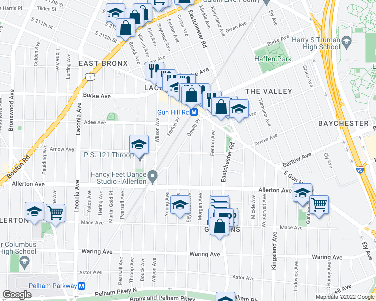 map of restaurants, bars, coffee shops, grocery stores, and more near 2903 Seymour Avenue in The Bronx