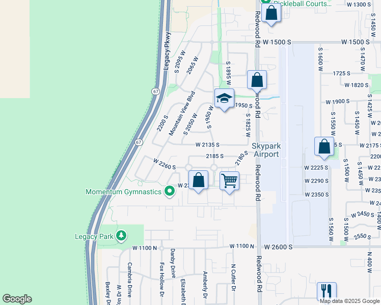 map of restaurants, bars, coffee shops, grocery stores, and more near 2038 2185 South in Woods Cross
