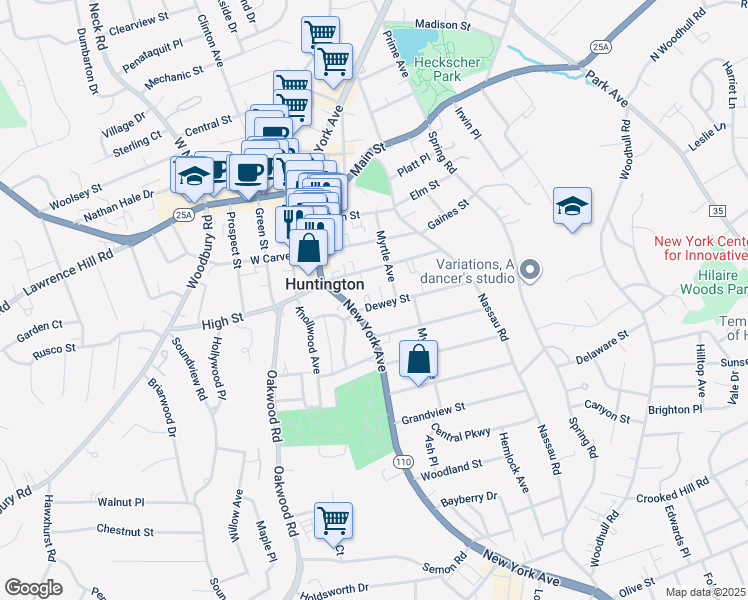 map of restaurants, bars, coffee shops, grocery stores, and more near 11 Dewey Street in Huntington