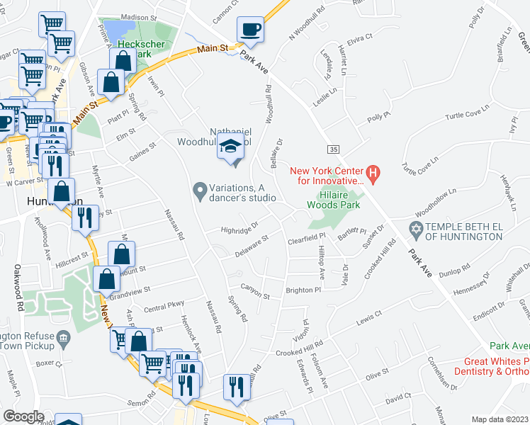 map of restaurants, bars, coffee shops, grocery stores, and more near 1 Highridge Drive in Huntington