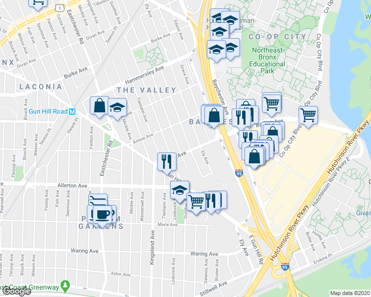 map of restaurants, bars, coffee shops, grocery stores, and more near 1809 Bartow Avenue in The Bronx
