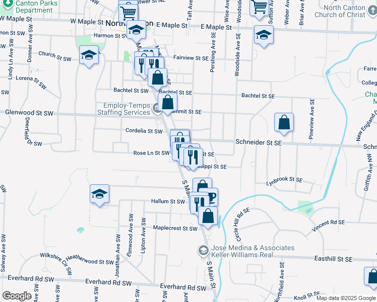 map of restaurants, bars, coffee shops, grocery stores, and more near 209 Rose Lane Street Southeast in North Canton