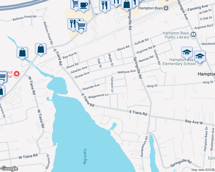 map of restaurants, bars, coffee shops, grocery stores, and more near 8 Shell Road in Hampton Bays
