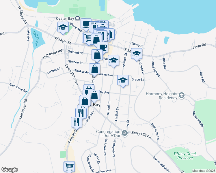map of restaurants, bars, coffee shops, grocery stores, and more near 49 Kellogg Street in Oyster Bay