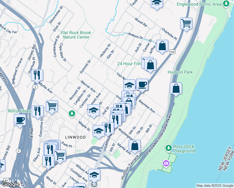 map of restaurants, bars, coffee shops, grocery stores, and more near 25 Irving Avenue in Englewood Cliffs