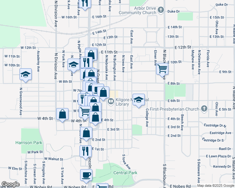map of restaurants, bars, coffee shops, grocery stores, and more near 601-699 N Iowa Ave in York