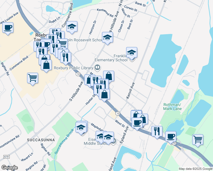 map of restaurants, bars, coffee shops, grocery stores, and more near 87 Main St in Roxbury Township