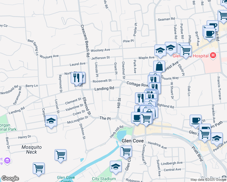 map of restaurants, bars, coffee shops, grocery stores, and more near 5 Landing Road in Glen Cove