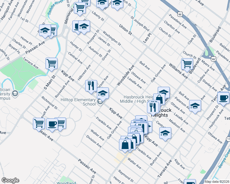 map of restaurants, bars, coffee shops, grocery stores, and more near 14 Central Avenue in Hasbrouck Heights