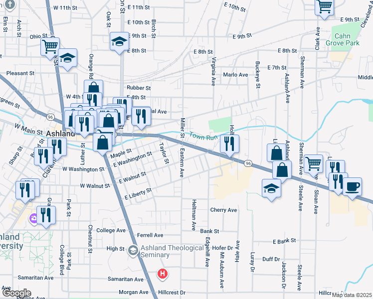 map of restaurants, bars, coffee shops, grocery stores, and more near 308 Eastern Avenue in Ashland