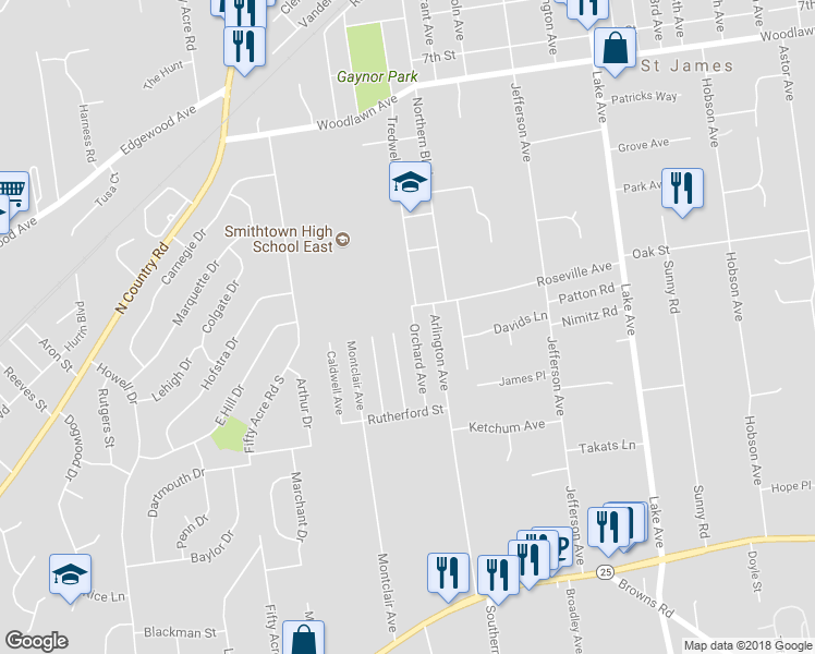 map of restaurants, bars, coffee shops, grocery stores, and more near 4 Orchard Avenue in St. James