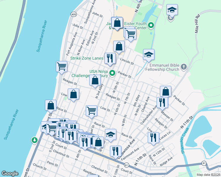 map of restaurants, bars, coffee shops, grocery stores, and more near 499 Masser St in Sunbury