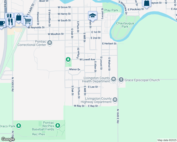 map of restaurants, bars, coffee shops, grocery stores, and more near 117 West Olive Street in Pontiac