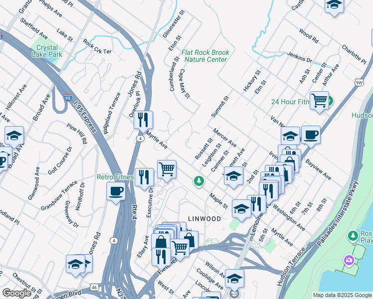 map of restaurants, bars, coffee shops, grocery stores, and more near 46 Hidden Ledge Road in Englewood