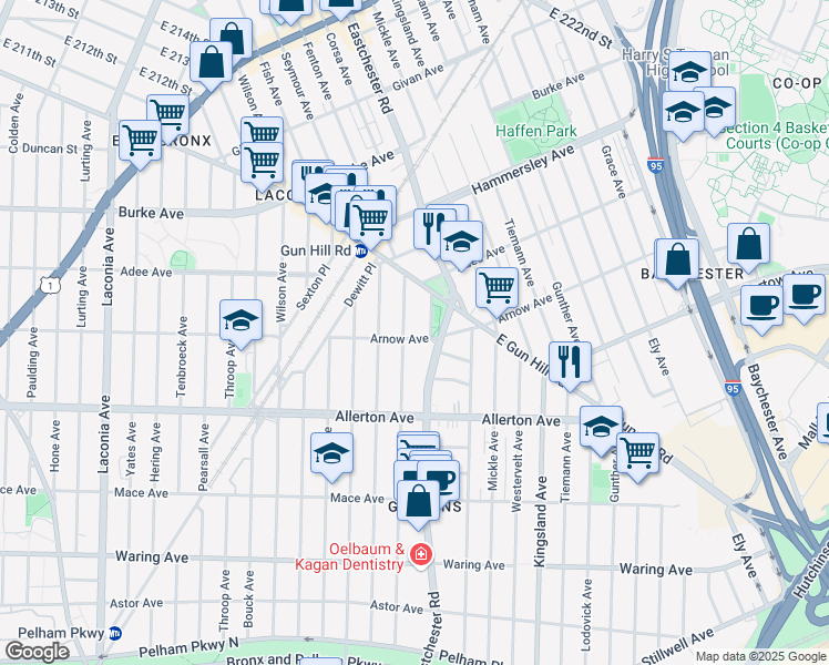 map of restaurants, bars, coffee shops, grocery stores, and more near 1459 Arnow Avenue in Bronx