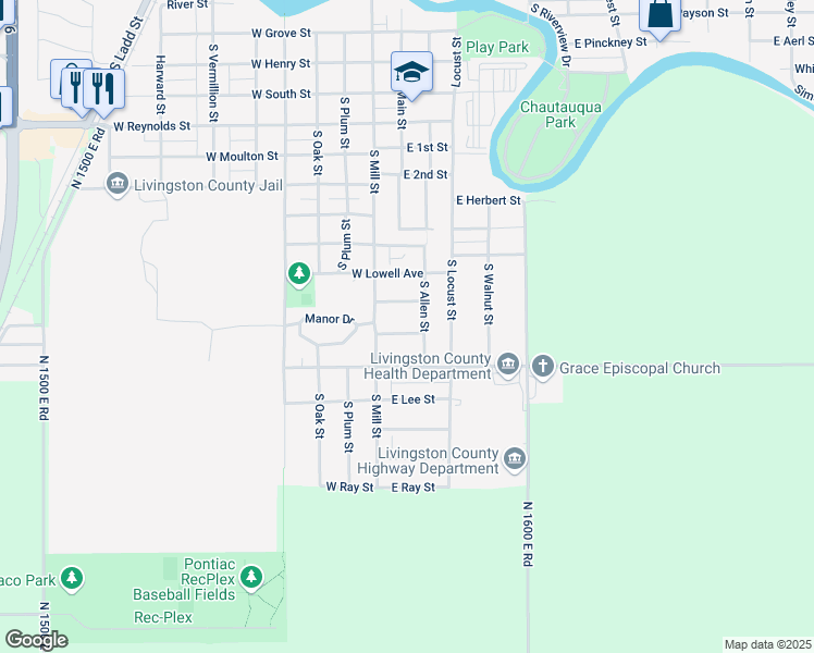 map of restaurants, bars, coffee shops, grocery stores, and more near 117 West Olive Street in Pontiac