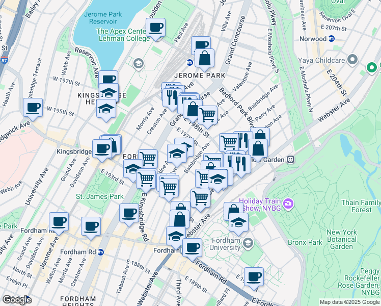 map of restaurants, bars, coffee shops, grocery stores, and more near 2771 Bainbridge Avenue in The Bronx