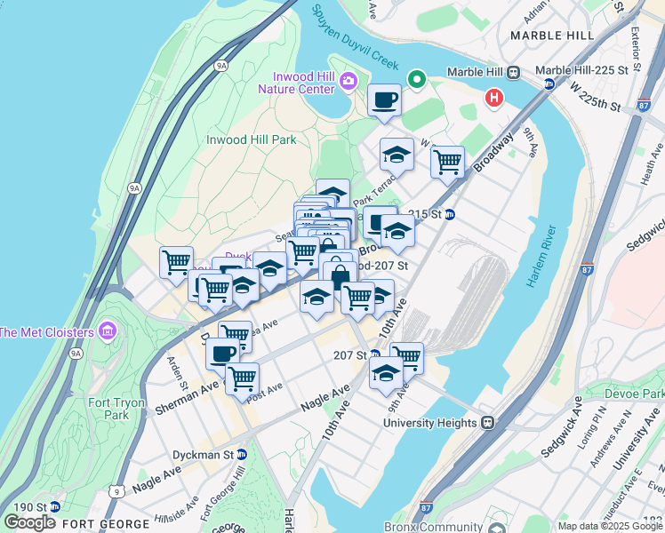 map of restaurants, bars, coffee shops, grocery stores, and more near 4942 Broadway in New York