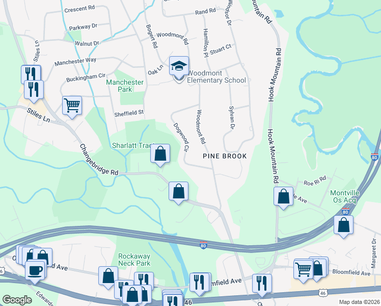 map of restaurants, bars, coffee shops, grocery stores, and more near 18 Dogwood Circle in Montville