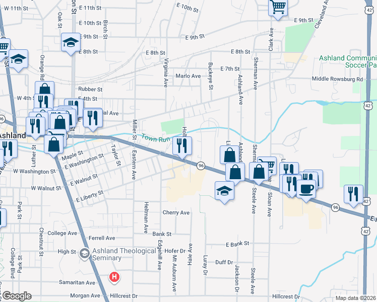 map of restaurants, bars, coffee shops, grocery stores, and more near 9 Holbrook Street in Ashland