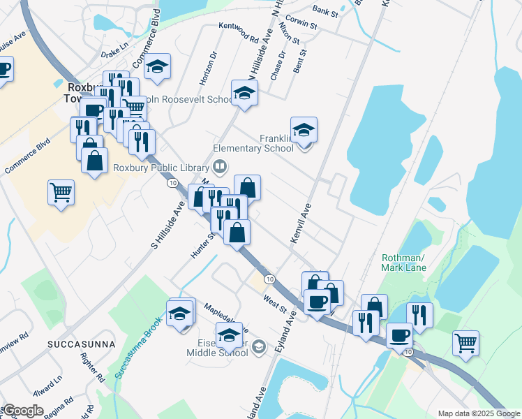 map of restaurants, bars, coffee shops, grocery stores, and more near 75 Main Street in Roxbury Township