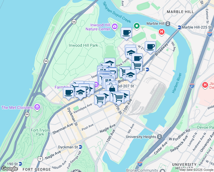 map of restaurants, bars, coffee shops, grocery stores, and more near Broadway & West 207th Street in New York