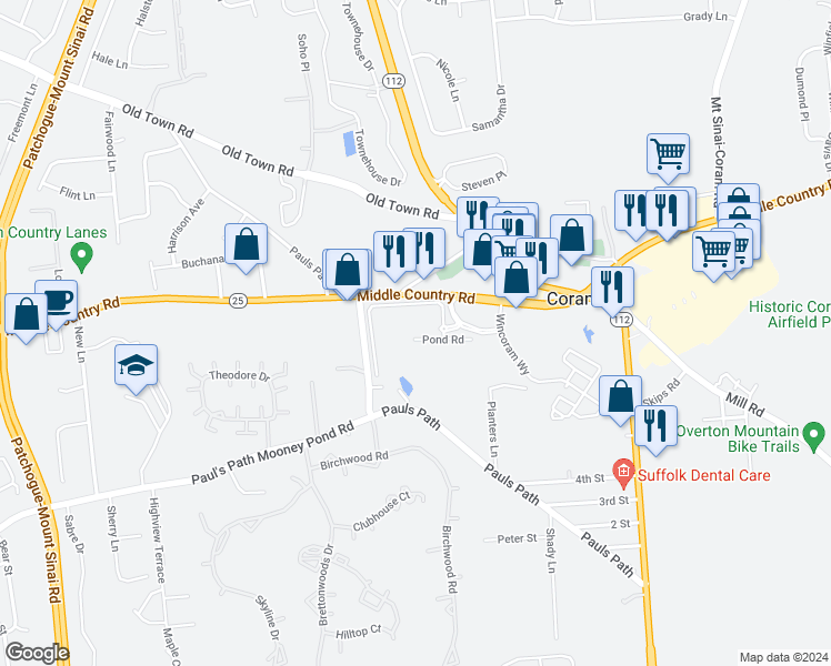 map of restaurants, bars, coffee shops, grocery stores, and more near 1 Charles Pond Drive in Coram