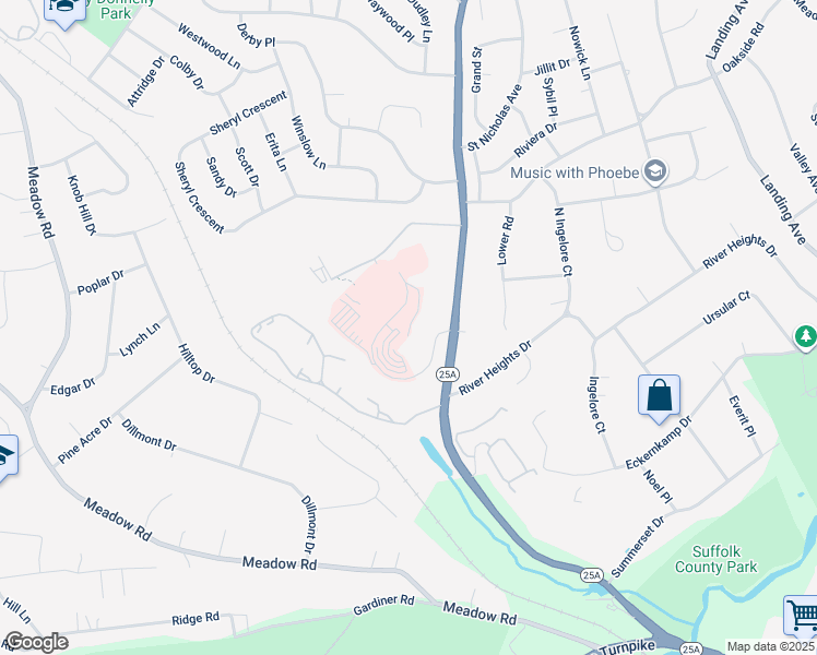 map of restaurants, bars, coffee shops, grocery stores, and more near 52 New York 25A in Smithtown