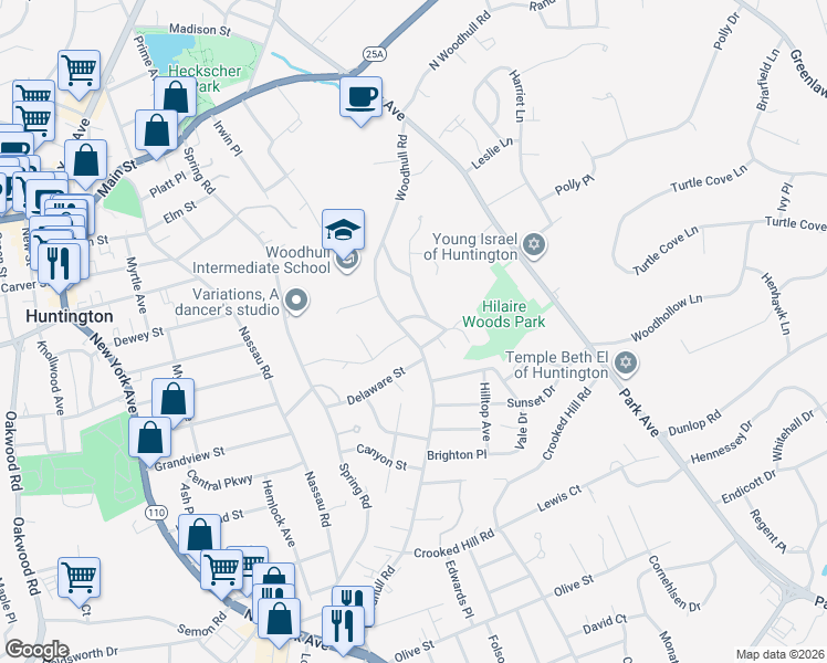 map of restaurants, bars, coffee shops, grocery stores, and more near 1 Highridge Drive in Huntington