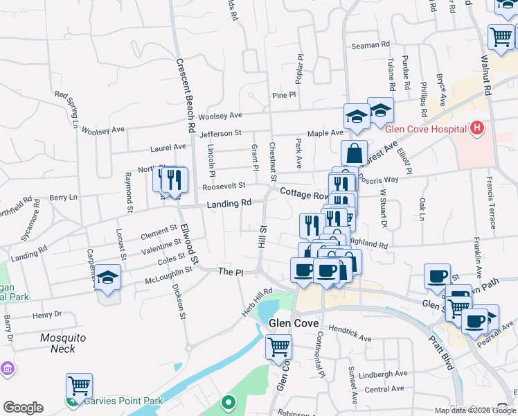 map of restaurants, bars, coffee shops, grocery stores, and more near 5 Landing Road in Glen Cove