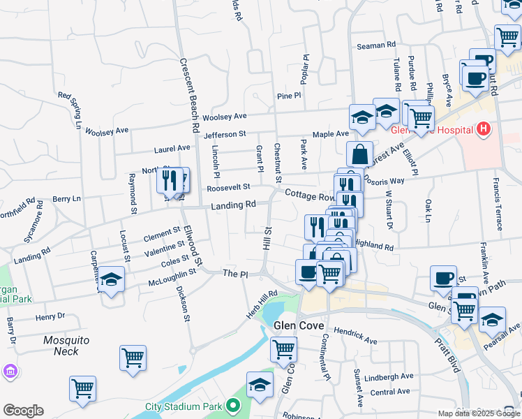map of restaurants, bars, coffee shops, grocery stores, and more near 5 Landing Road in Glen Cove