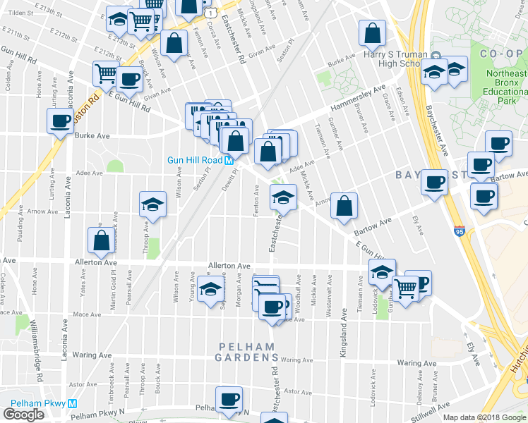 map of restaurants, bars, coffee shops, grocery stores, and more near 1465 Arnow Avenue in Bronx