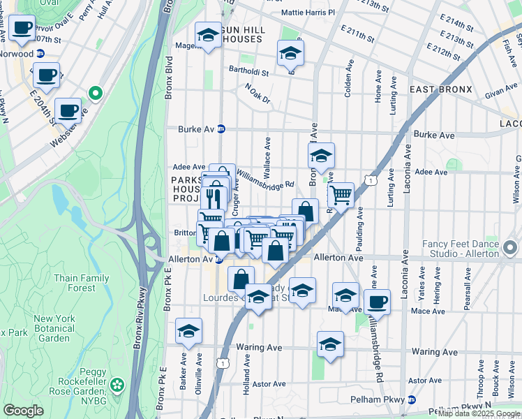 map of restaurants, bars, coffee shops, grocery stores, and more near 2755 Wallace Avenue in Bronx