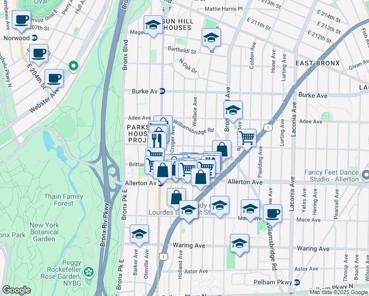 map of restaurants, bars, coffee shops, grocery stores, and more near 2755 Wallace Avenue in Bronx